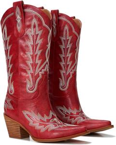 Ковбойские сапоги для женщин - западные сапоги средней длины до икра - заостренный носок - 3-дюймовый массивный деревянный каблук с вышивкой Orlynx, Deep Red