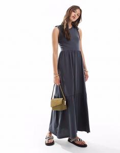 Платье миди Brave Soul из хлопка с высоким воротом, многослойное, угольно-серого цвета