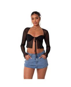 Женский сетчатый топ с длинными рукавами, чашками и завязкой спереди Edikted, черный