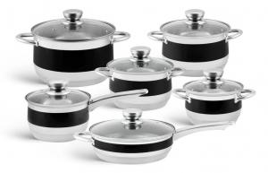 Набор кастрюль, черные и серебристые кастрюли из нержавеющей стали, 12 предметов, запеканка, сковорода, кастрюля, кастрюля, набор кастрюль со стеклянной крышкой (2,1 л / 3,0 л / 3,4 л / 4,0 л / 6,6 л) EDENBERG