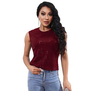 Топ-майка с пайетками для женщин без рукавов круглый вырез блестящий камзол Clearflower, Wine Red