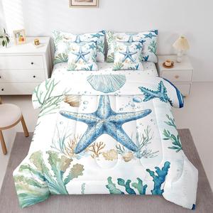 Erosebridal Комплект постельного белья Starfish 7 Pcs Full с морским принтом из кораллов и водорослей для детей, Blue Green Yellow