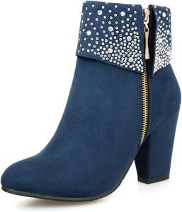 Женские замшевые блестящие ботильоны DirraBra с крупным каблуком, стразами, круглым носком и боковой молнией, зимние короткие ботинки для платья, Blue