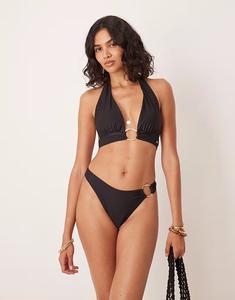 Черный бикини-топ с вырезом на шее и золотыми кольцами Tala