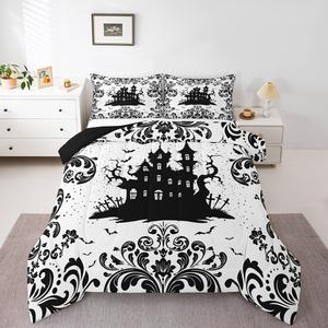 Erosebridal Готический комплект постельного белья Halloween Castle Decor с дамасским цветочным принтом в черно-белых тонах для детей и взрослых, Black and White