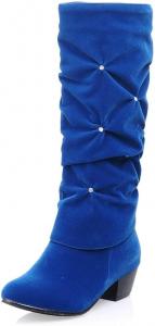 Женские сапоги средней длины с кристаллами, модные, с круглым носком, низким каблуком, до колена, мягкие, свободные, для вечеринок с блестками HONGDAO, Blue