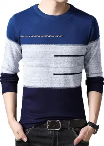 Мужской пуловер с круглым воротником, полосатый, хлопковый, slim fit