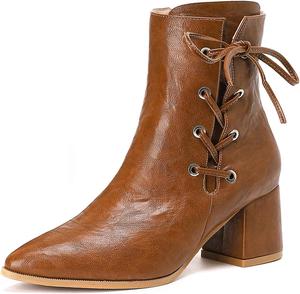Женские ботильоны GATUXUS на средней толстой подошве, кожаные, сексуальные с заостренным носком, боковой молнией, шнуровкой, короткие туфли-башмачки для платьев, Brown