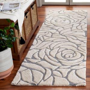 Ковер-дорожка SAFAVIEH, 69 x 183 см, Casablanca Collection, Ivory & Grey, ручной работы, абстрактный узор с розами, смесь шерсти, идеально для помещений с высокой проходимостью в гостиной, спальне (CSB304A)