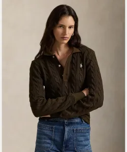 Хлопковая рубашка-поло с длинными рукавами и косами Polo Ralph Lauren, цвет 201 Brown