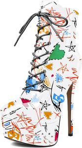 Женские ботильоны Esvowido с застежкой на шнуровке, платформой, высоким каблуком, круглым носком, шпилькой, короткие с боковой молнией, сексуальные ботильоны, Graffiti White