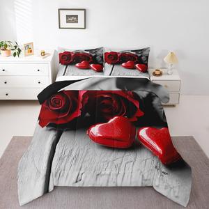 Erosebridal Комплект постельного белья Grey Red Floral Rose Toddler с готическим романтическим цветочным принтом и сердечками, Gray Red