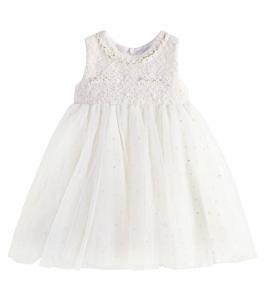 Детское платье из букле и тюля в горошек Monnalisa, цвет panna