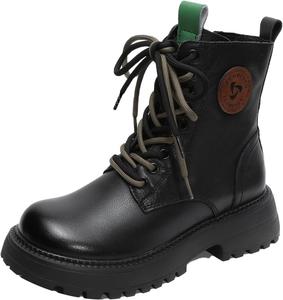 Женские байкерские ботинки из натуральной кожи, удобные с круглым носком, противоскользящей подошвой, платформой и молнией, повседневные ботильоны для езды HNEOWGN, Black