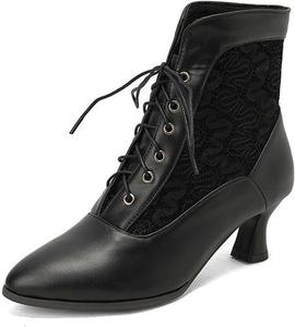 Женские кожаные ботильоны с кружевом, заостренный носок, невысокий каблук типа «kitten», викторианский стиль, ведьмовские ботинки, винтажные шнурованные, удобные, свадебный костюм, массивный каблук, ботильоны большого размера DEVILEYEZE, Black