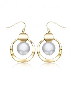 Серьги-Подвески из стерлингового серебра 14 карат с покрытием из желтого золота и белым пресноводным жемчугом в форме концентрического ореола Genevive, gold