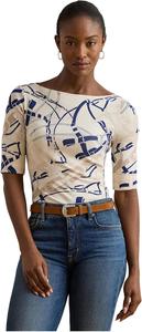 Футболка Lauren Ralph Lauren Petite Belting-Print Cotton Boatneck Tee, цвет Cream/Navy Multi