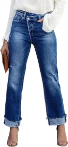 Женские джинсы с высокой талией и потертостями