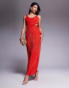 Длинное платье-плиссе с глубоким вырезом и драпировкой ASOS DESIGN оранжевого цвета