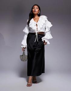 Блузка из хлопкового поплина ASOS LUXE Curve с увеличенными воланами белого цвета