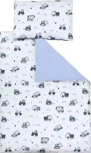 Детский комплект постельного белья с узором, 2 предмета, двусторонний, цвет: строительная техника / экскаваторы / синий / серый, размер: 120 x 90 см TupTam