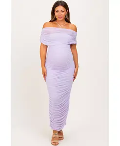 Беременное лавандовое плиссированное сетчатое платье макси с открытыми плечами и отложным поясом Pinkblush, фиолетовый