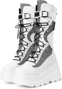 Женские готические платформенные ботинки на массивной танкетке, рейв-ботинки, боевые ботинки с шнуровкой и молнией, с круглым носком, средней высоты, байкерские ботильоны Generic, White