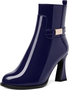 Ботинки NUMALEO Womens Sexy Patent Zip Metal Ankle Strap Night Club Round Toe Block High Heel Ankle High Boots 3.3 Inch, Navy Blue