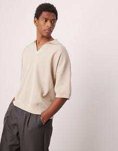 ASOS DESIGN свободная трикотажная рубашка-поло с вырезом-стойкой цвета экрю