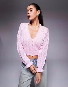 Укороченный кардиган Princess Polly Lyric с открытыми петлями и оборками на манжетах розового цвета
