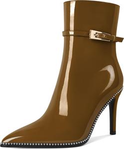 Женские ботильоны Soireelady с заостренным носком и высоким каблуком, украшенные бисером, короткие ботинки с металлической пряжкой и боковой молнией, каблук 10 см, Brown