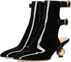 Kapxumo Женские черные ботфорты с открытой пяткой, квадратным носком, регулируемыми ремешками и пряжками, из лакированной кожи, на низком каблуке, с боковой молнией