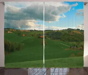 Шторы ABAKUHAUS Сцена на поле для гольфа, деревенский пейзаж, универсальные ленточные шторы для гостиной с петлями и крючками, 280 x 225 см, зеленые с разноцветными полосками Abakuhaus