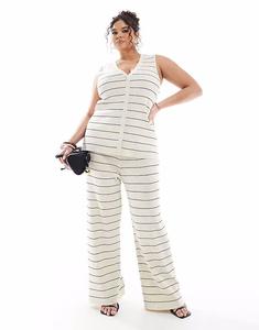 Трикотажные брюки в полоску кремового и черного цветов Pretty Lavish Curve