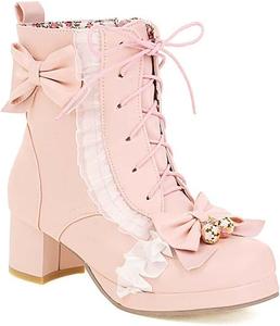 Женские модные ботильоны Elyffany с бантом, милые туфли Лолита на массивном каблуке и шнуровке, Pink
