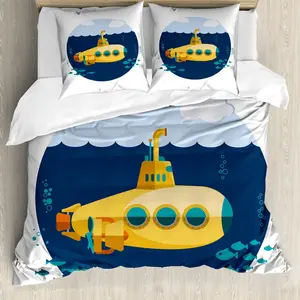 Пододеяльник ABAKUHAUS Yellow Submarine, с рисунком "Облако из морской рыбы", с защитой от клещей, подходит для аллергиков с наволочками, 155 см x 220 см - 80 x 80 см, цвет "Земляной желтый/Темно-синий" Abakuhaus