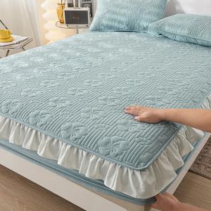 Boyang Комплект постельного белья из хлопка (простыня на резинке 180х200 см, 2 наволочки), стеганый, с кружевной отделкой, цвет lake green