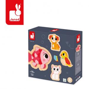 Janod, Прогрессивный деревянный пазл Pets 4 пазла, 2/3/4/5 деталей.