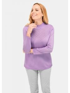 Элегантный ажурный вязаный свитер с воротником-стойкой в сиреневом цвете. GOLDNER