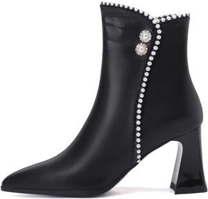 Женские ботильоны TinaCus с острым носком из натуральной кожи с жемчужными пуговицами, ручной работы, на высоком каблуке с застежкой-молнией, Black