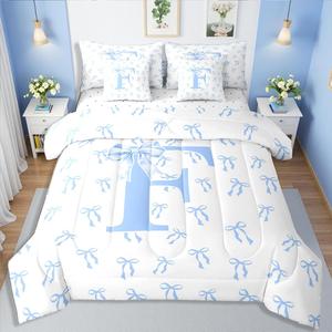 Erosebridal Комплект постельного белья Princess Queen с монограммами и бантами в голубых тонах водяной эстетики, White Blue F