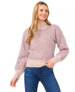 Женский жаккардовый трикотажный свитер с рукавами-блузонами и воротником-стойкой CeCe, белый