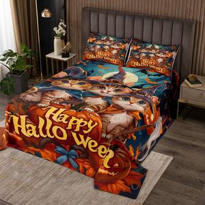 Erosebridal Комплект постельного белья Happy Halloween с принтом кошек, летучих мышей, тыкв и фонарей в готическом стиле, Orange Yellow