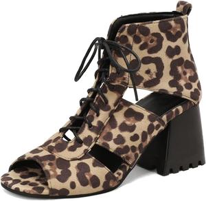 Женские сандалии с открытым носком на массивном высоком каблуке, с шнуровкой и вырезами, нарядные ботильоны JOEUSTY, Leopard