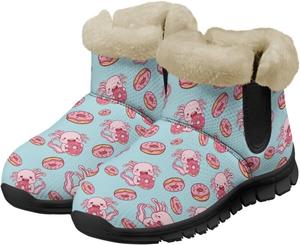 Мультяшные аксолотли Снежные сапоги Женские зимние сапоги без застежки Домашние теплые пушистые ботильоны Повседневная обувь Chririnla, Cartoon Donut And Axolotls