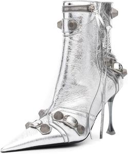 Женские модные ботильоны YDN с пряжкой, каблук-тонкий, высокий, закрытый носок, молния, заклепки, металлический каблук, на щиколотку, для шопинга и вечеринок, размеры 4-16 US, Silver