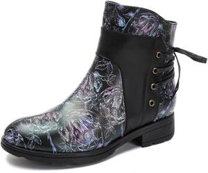 Женские зимние кожаные ботильоны SOCOFY с拼кой, бохо-винтажные, теплые с меховой подкладкой, на плоской подошве, с боковой молнией, короткие ботинки для улицы, с круглым носком, удобные повседневные прогулочные ботинки Eimeinuosy, Black