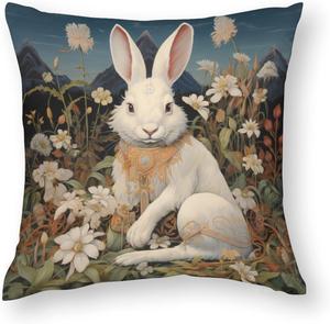 HighonHi Чехол для декоративной подушки квадратный белый кролик на траве сатин современный с потайной молнией Pillow-6