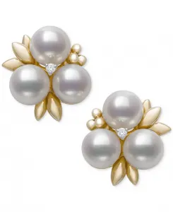 Серьги-Гвоздики с цветочным узором из культивированного пресноводного жемчуга (6-7 мм) и бриллиантов Belle De Mer, gold