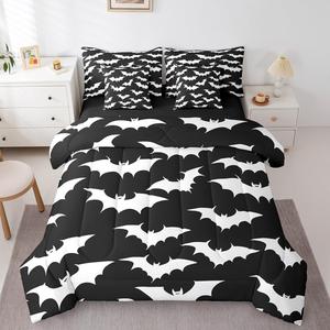 Erosebridal Комплект постельного белья Halloween с комфортером в черно-белую тематику летучих мышей, White Black